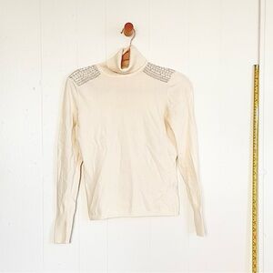 2000s Vintage The Limited Cream Ribbed Long Sleeve Top with Embellished Accents